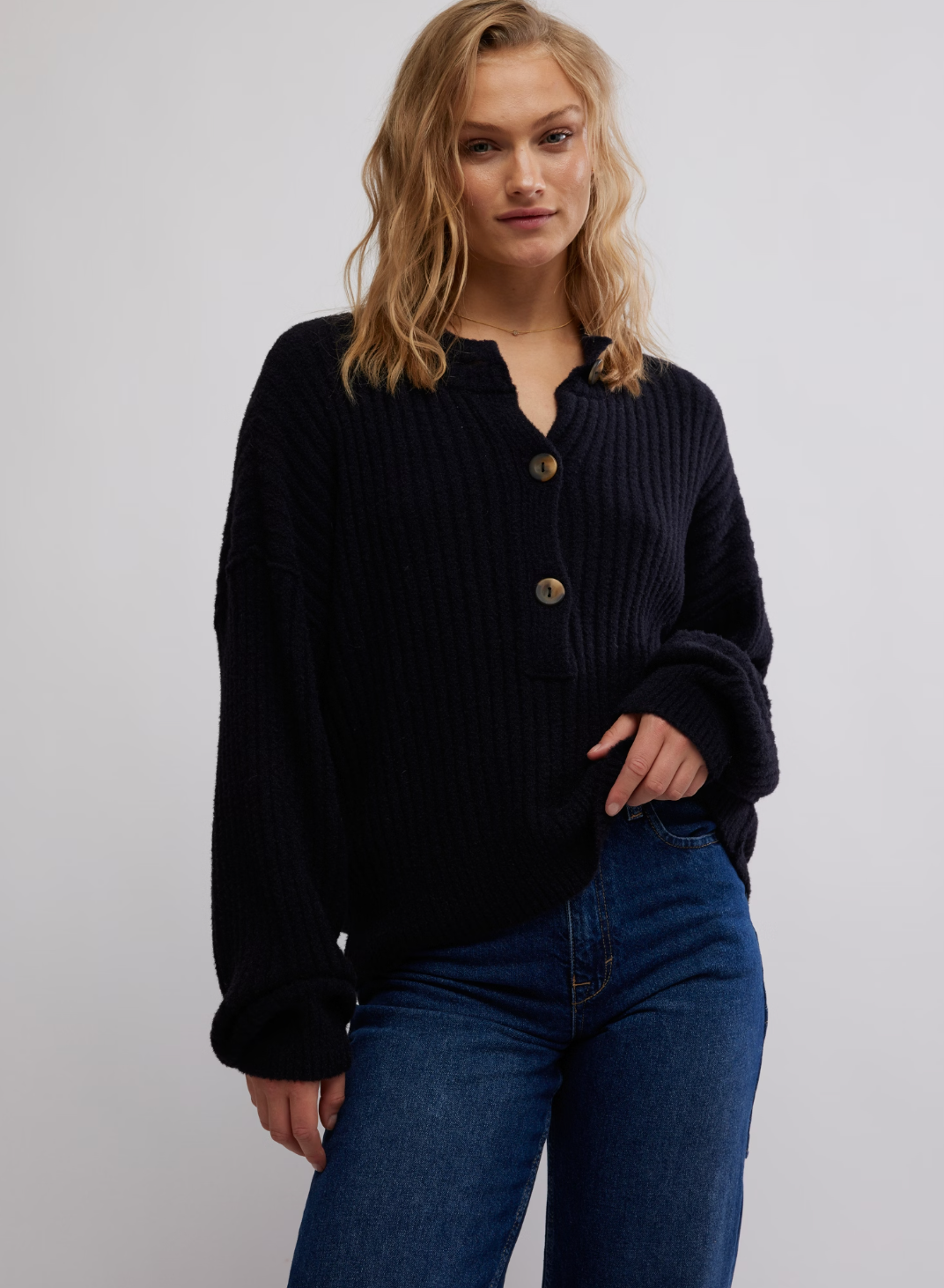 Free People Cocoa Henley Knit Sweater