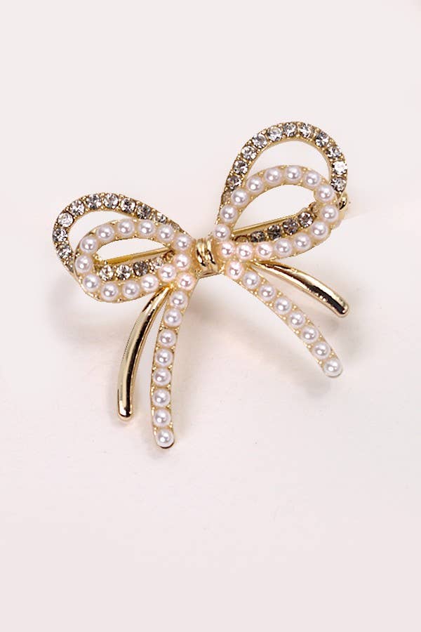 Double Pearl Bow Brooch Gold