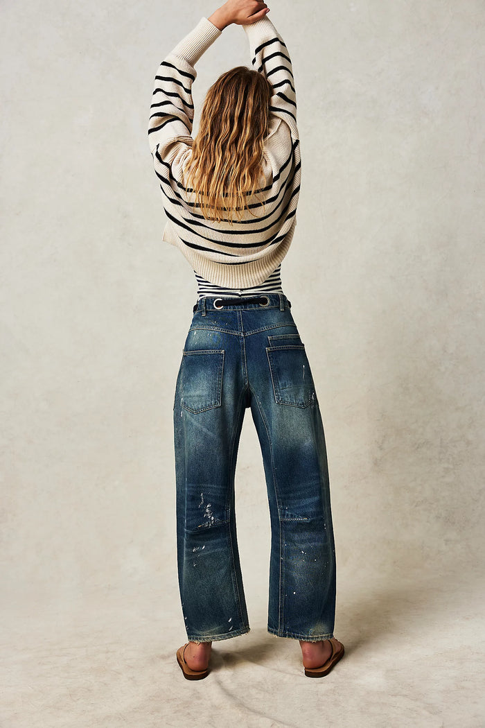 Free People Moxie Printed Low Slung Barrel Jeans Timeless Blue